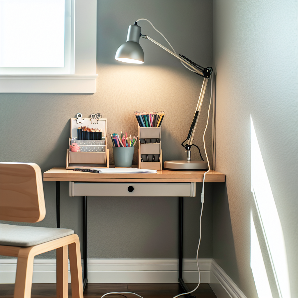 Organized kids homework corner with task lighting lamp, small desktop organizers, and neatly managed cables in a bright home setting