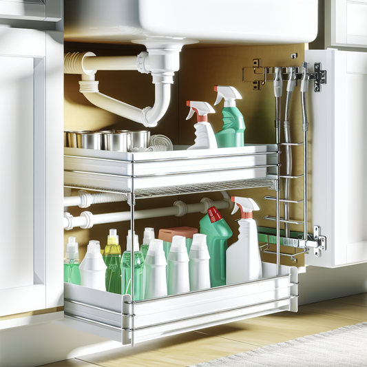 Organized under-sink cabinet with stackable shelves and tension rod holding spray bottles in a bright kitchen setting