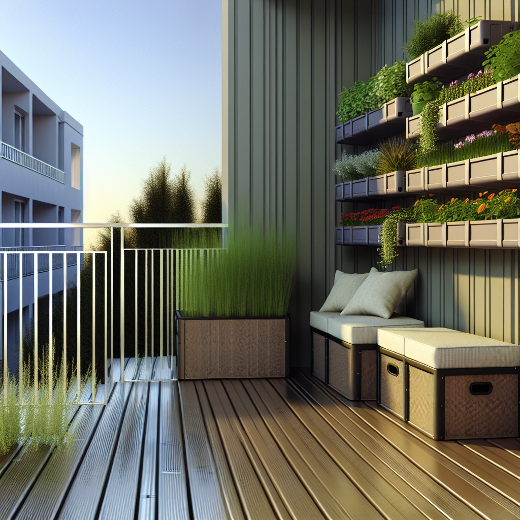 Small apartment balcony with vertical modular planters and a compact outdoor storage bench creating a cozy garden retreat