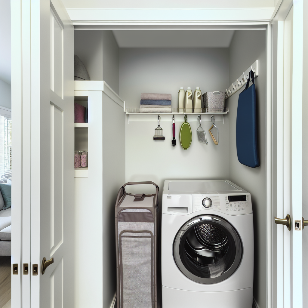 Organized hallway laundry closet with slim rolling cart, over-door organizer, and wall-mounted hooks in a compact utility space