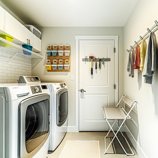 Organized compact laundry room with wall-mounted storage, foldable drying rack, and over-door organizer