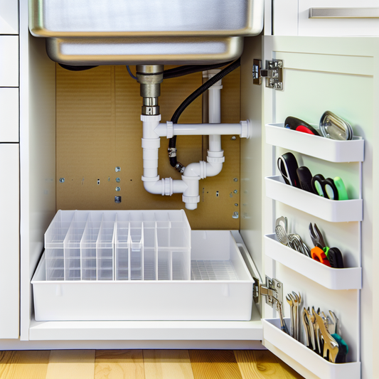 Organized under-sink cabinet with sliding shelves, stackable bins, leak-proof tray, and compact tool caddy in a bright kitchen setting.