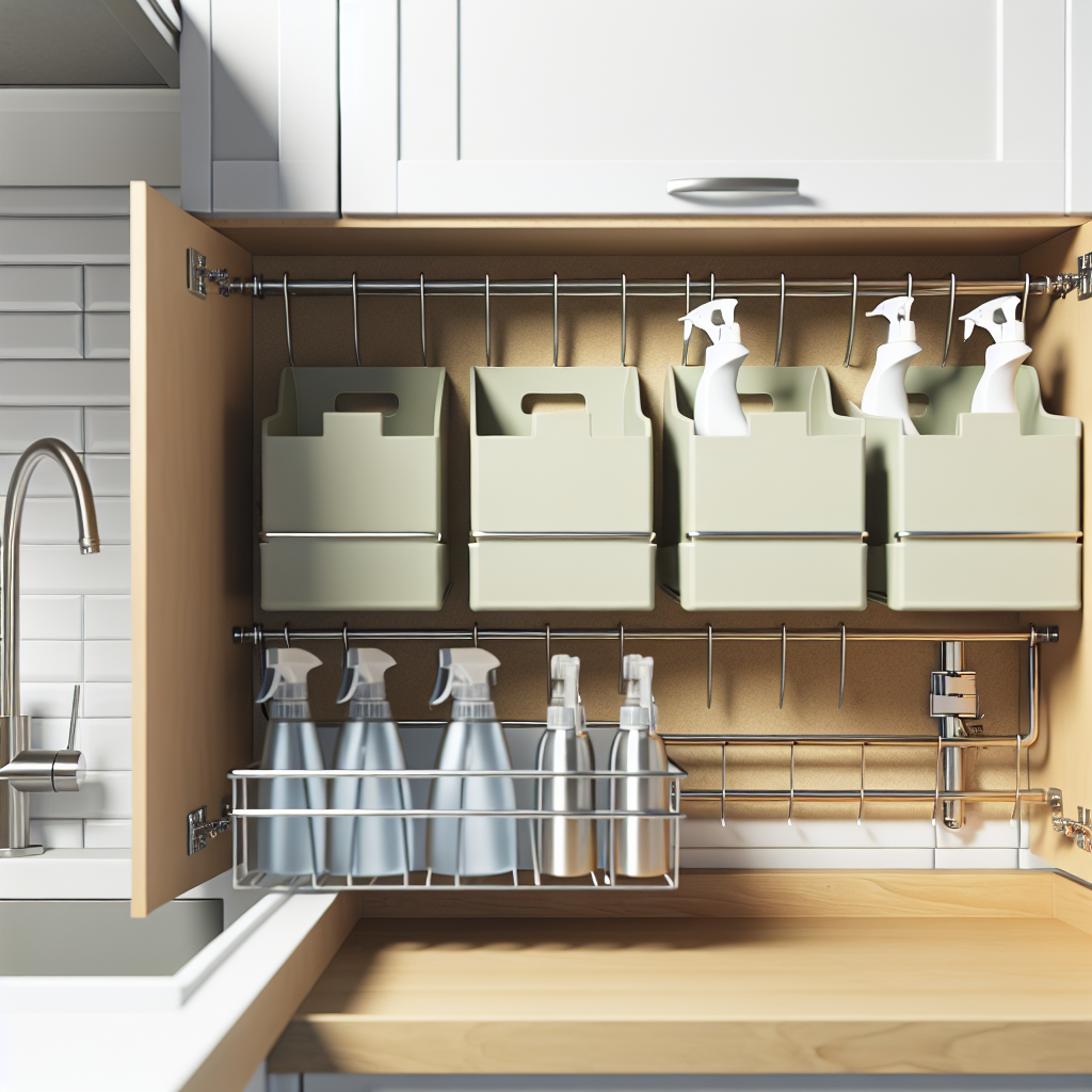 Organized under-sink cabinet with stackable shelves, pull-out caddies, and spray bottles hanging from a tension rod in a bright kitchen.
