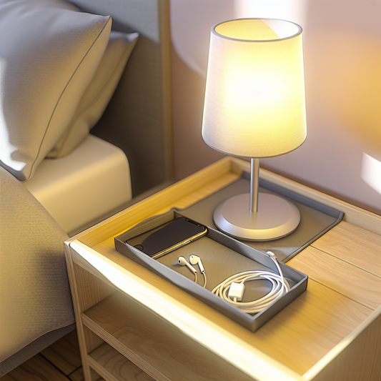 Organized bedroom nightstand with compact lamp, cable organizer, and small catch-all tray neatly arranged