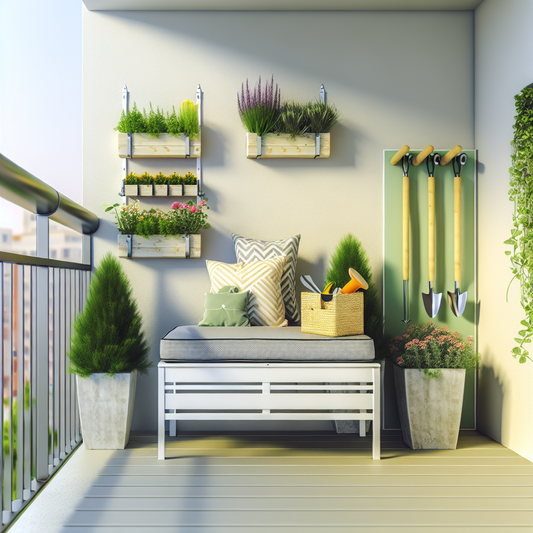 Small balcony with vertical planters and a compact outdoor storage bench creating an organized mini garden